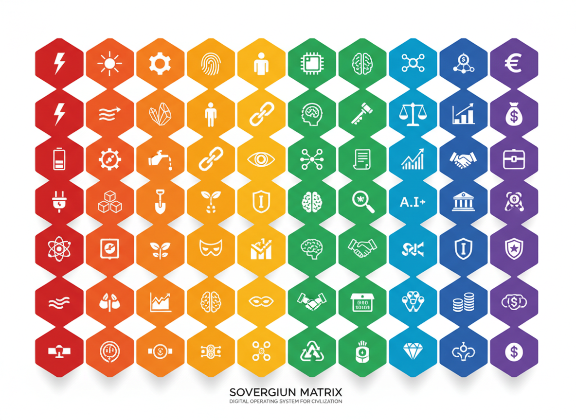 Sovereign Matrix - 70 protocols in hexagonal grid